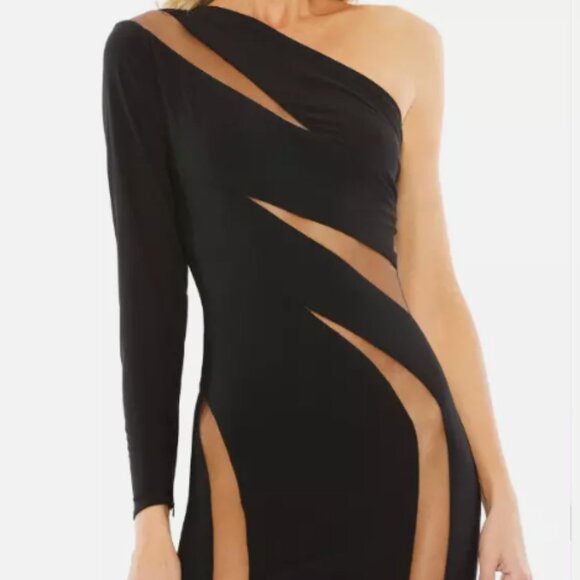 MAC DUGGAL 42014 SEQUINED HIGH NECK LONG SLEEVE LACE UP BACK GRAPHITE GOWN sz 14 - Picture 2 of 7